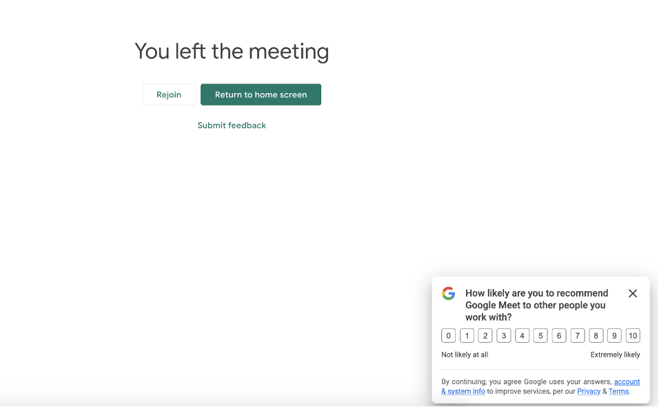 Pop up Survey Example Google Meet