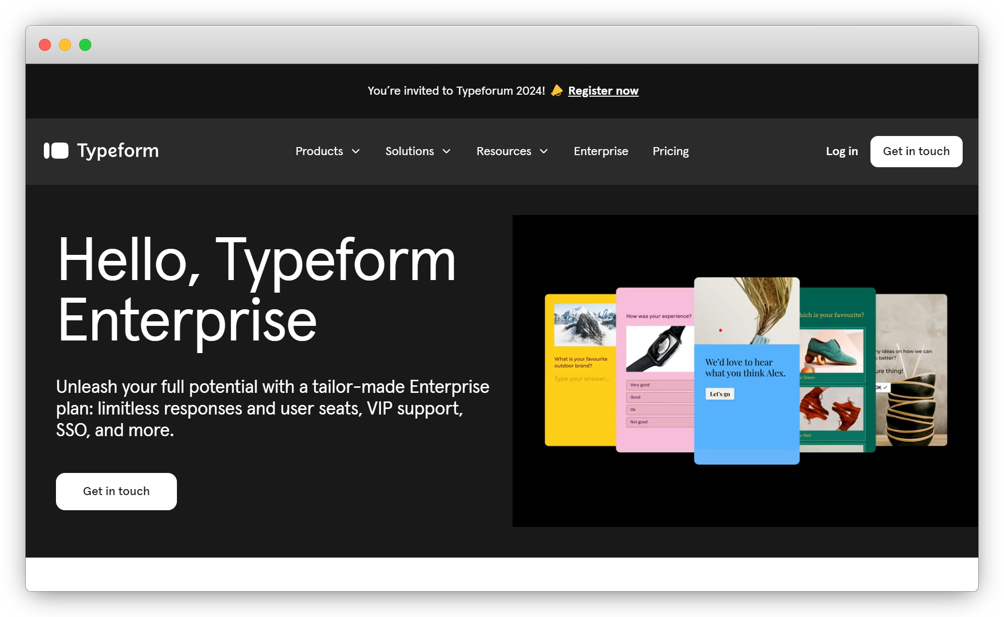 An image showing the homepage of Typeform, the robust enterprise survey tool to identify emerging trends and export reports, enhancing experience and achieving customer success