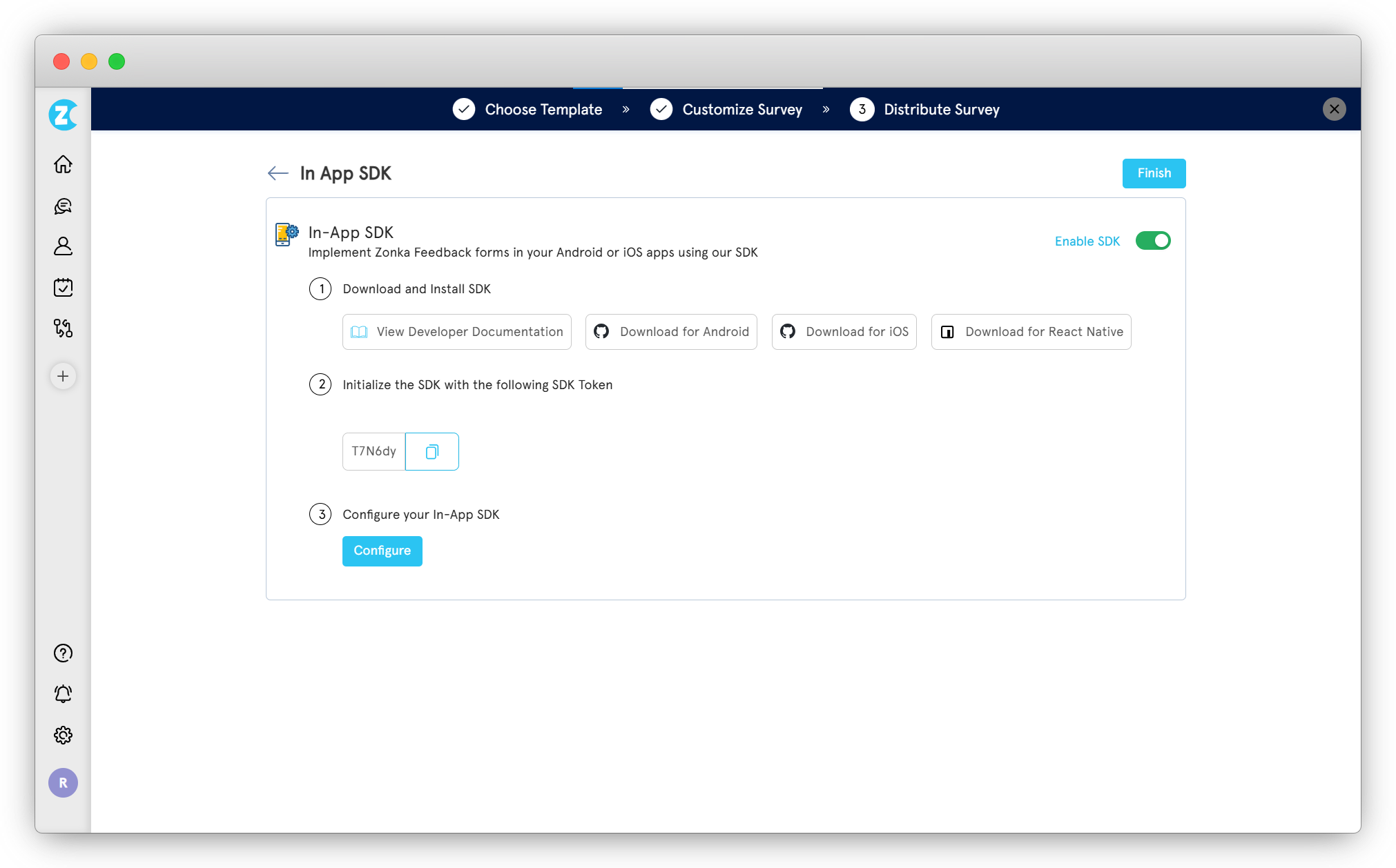 In-app feedback SDK token