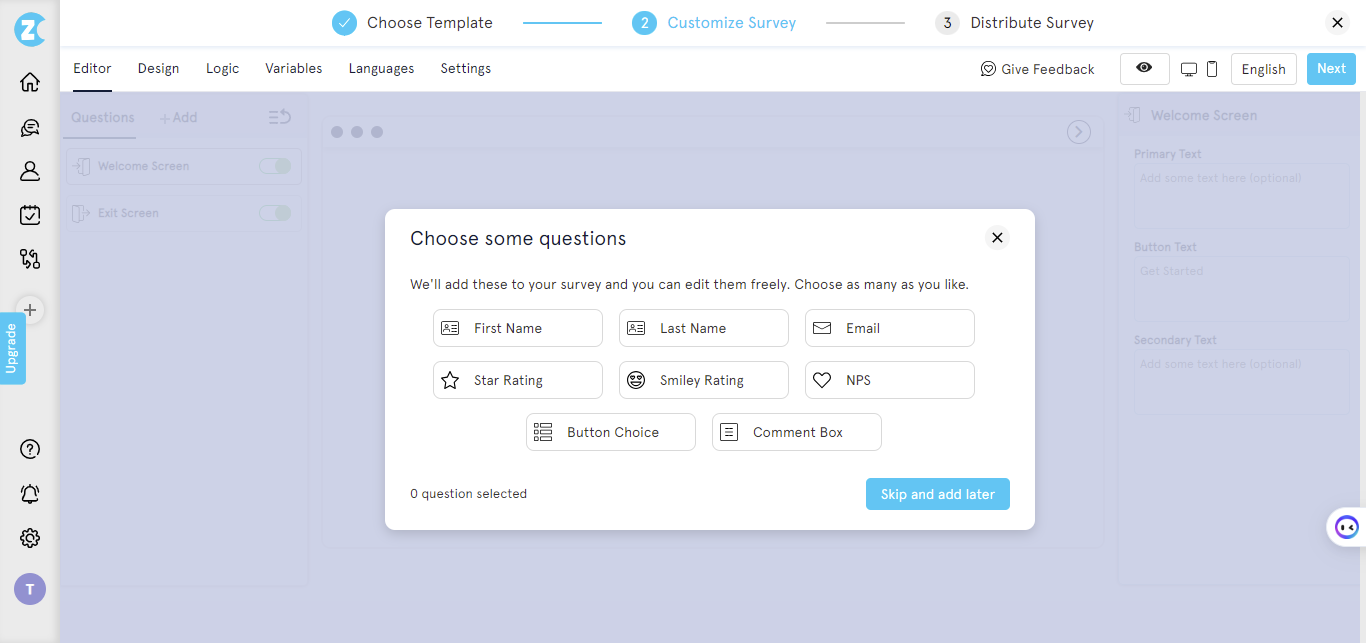 how to create a survey- choose question type