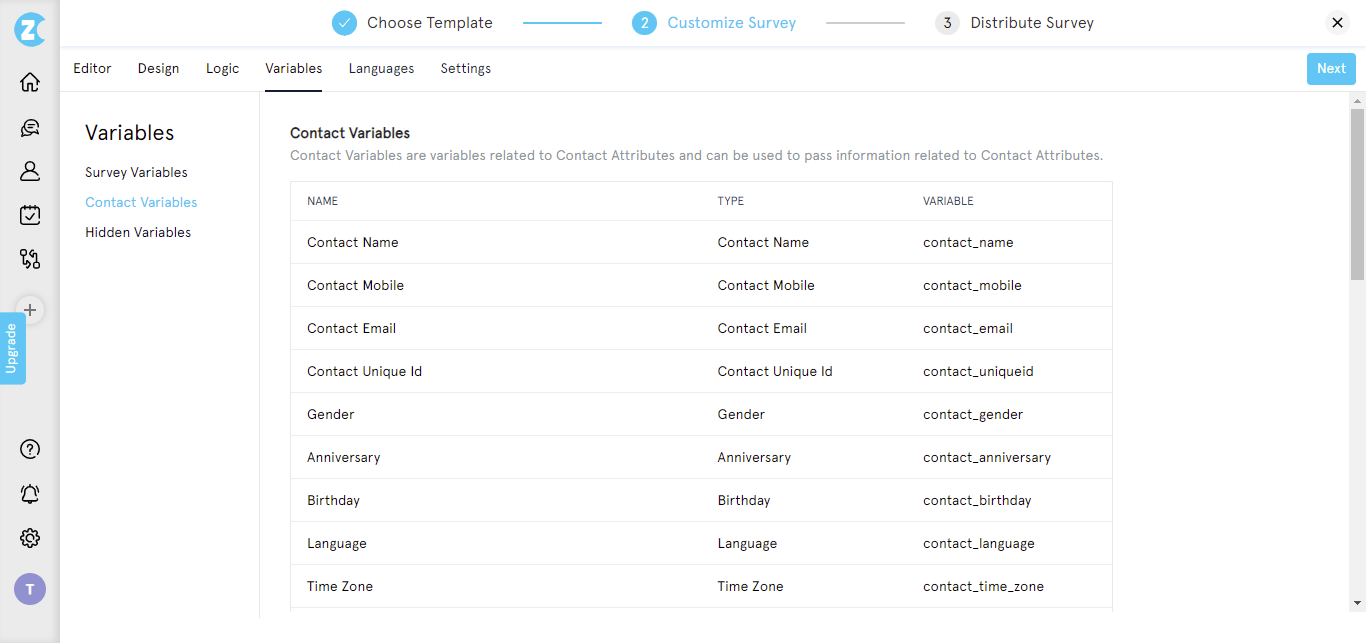 how to create a survey-contact variables