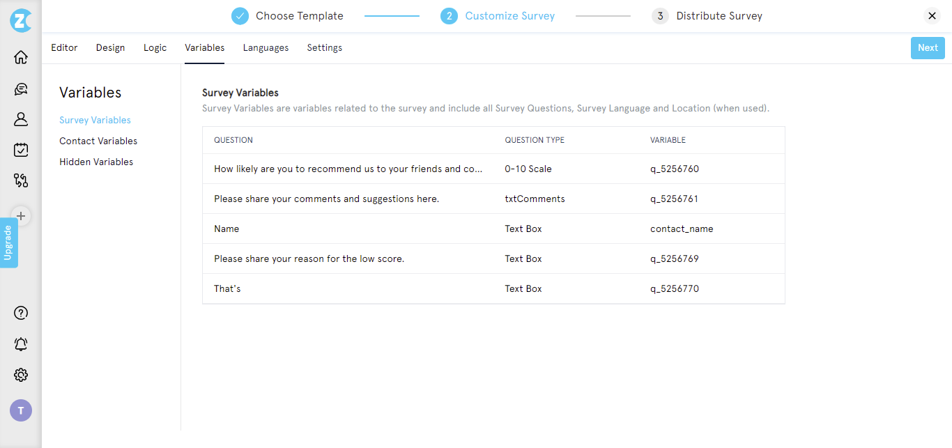 how to create a survey-survey variables