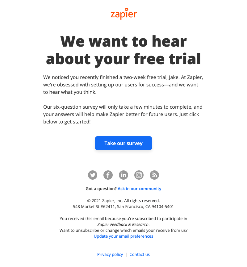 free trial product feedback - zapier