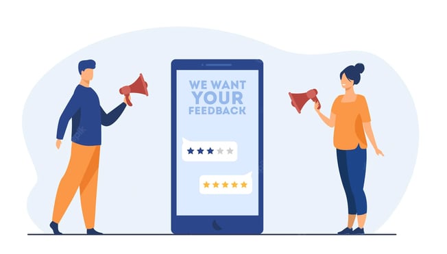 online-shop-managers-asking-clients-feedback-screen-rate-people-with-megaphone-cartoon-illustration_