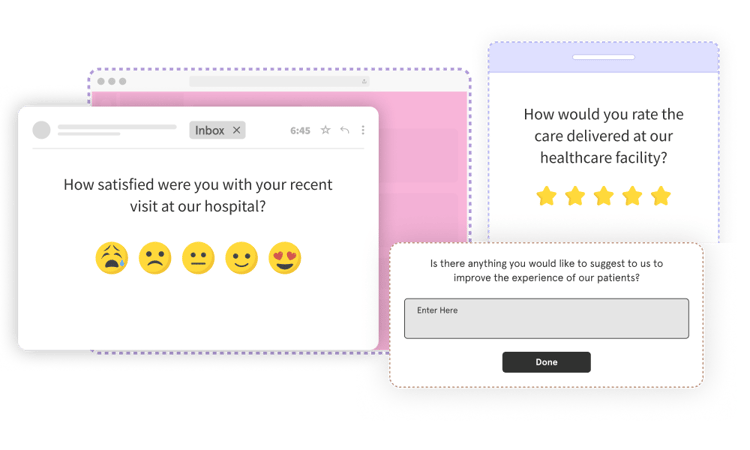 patient satisfaction surveys- survy channels with email, sms, and popup