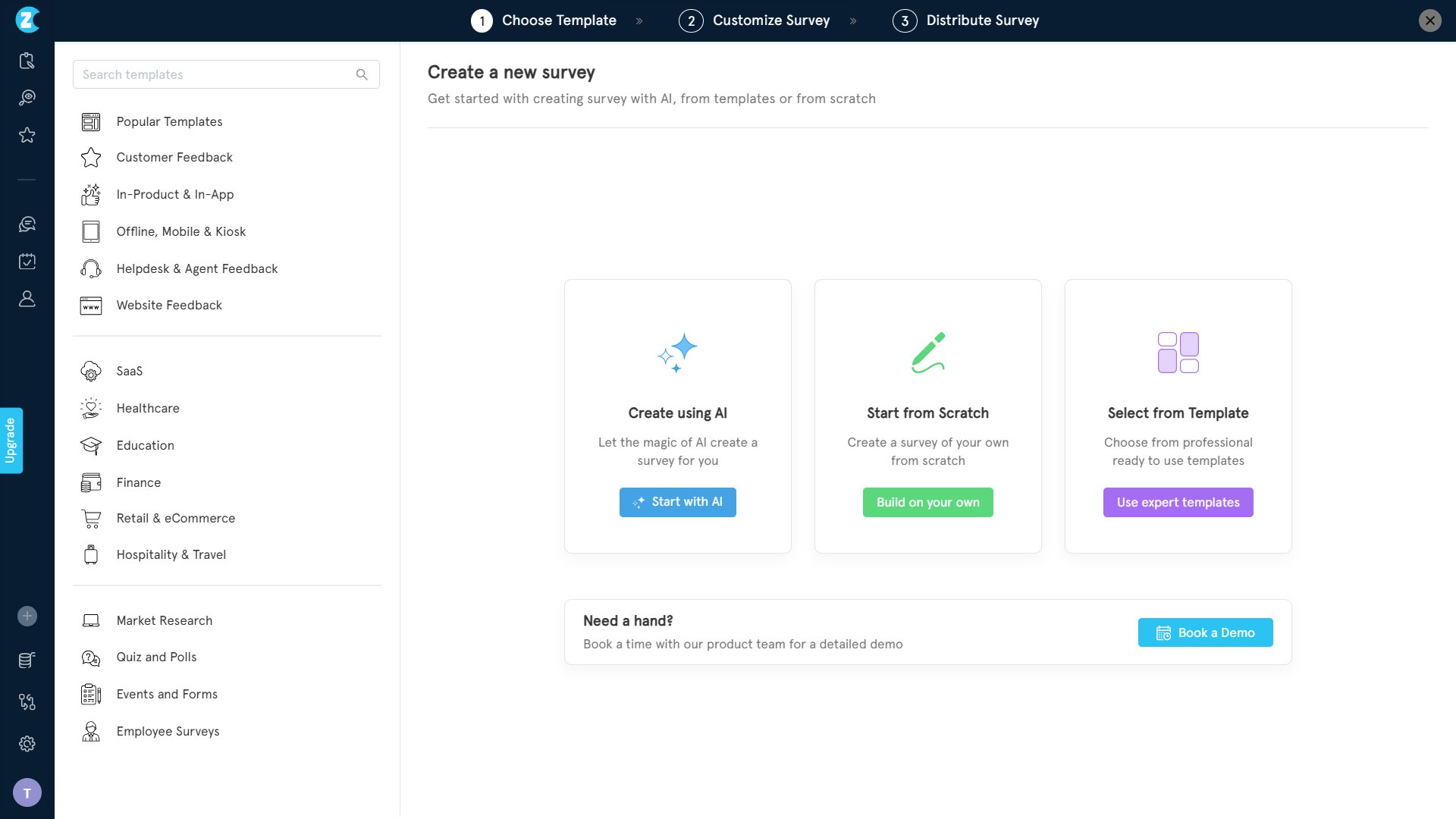 Create a new survey in Zonka Feedback with AI, scratch, or template options