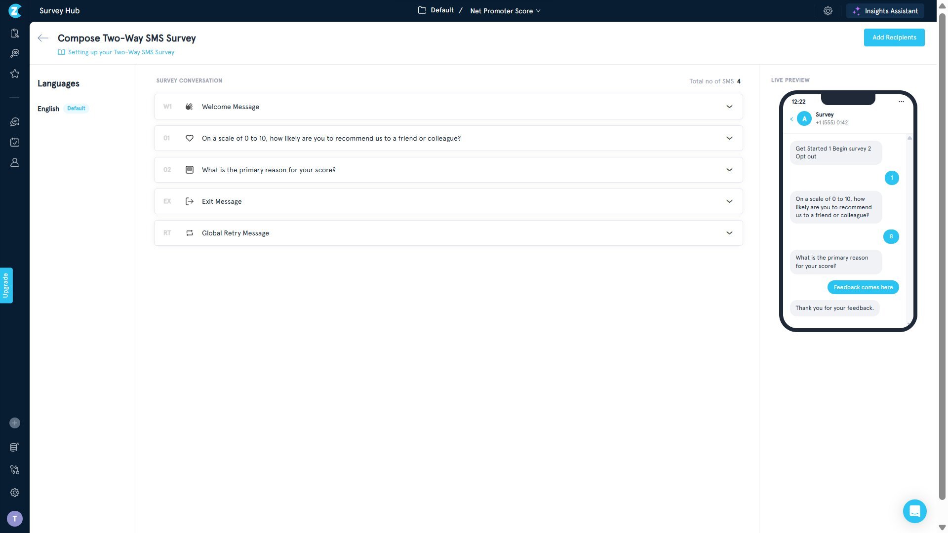 Compose two-way SMS survey with conversation structure and live phone preview