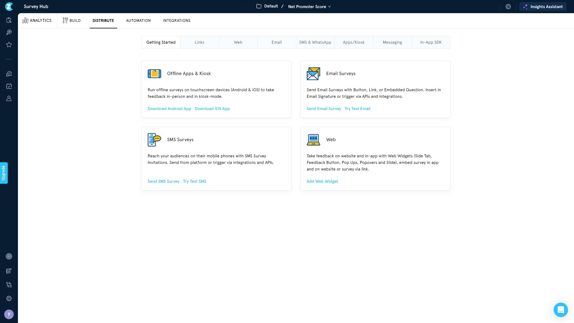 Survey Hub Distribute tab with channel options for two-way SMS surveys