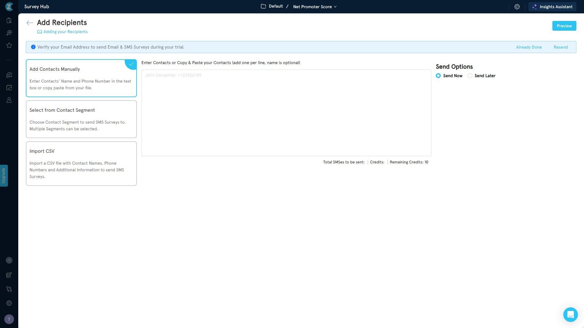 Add recipients to a two-way SMS survey via manual entry, segment, or CSV import