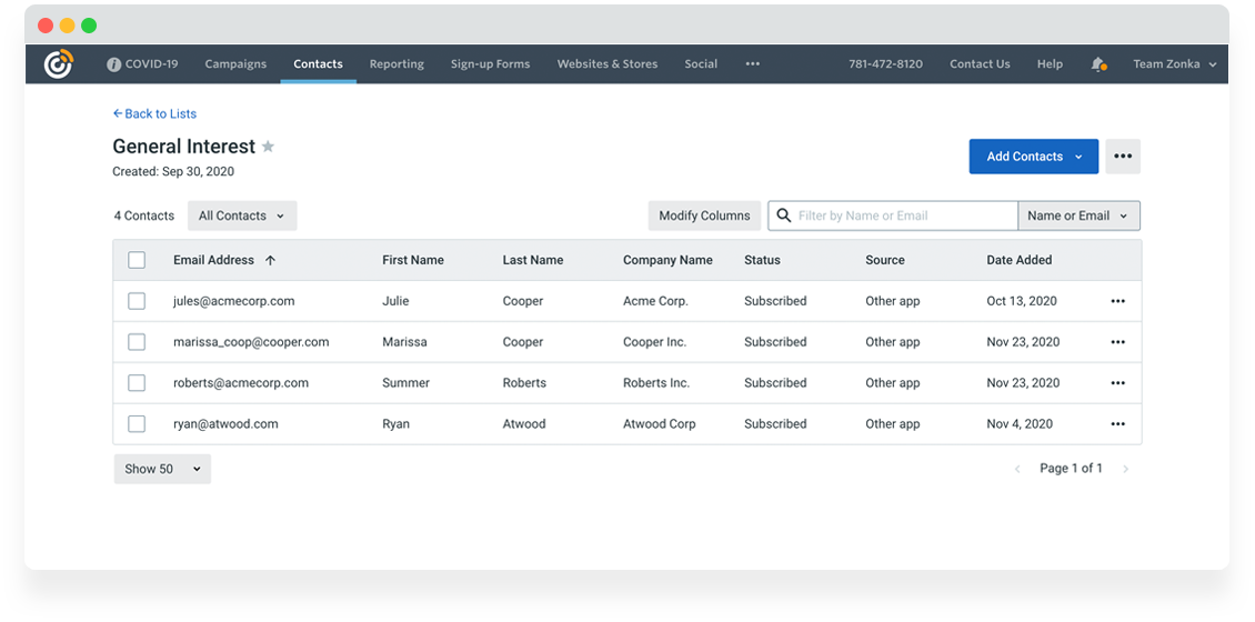 Contacts added in Constant Contact by Zonka Feebdack