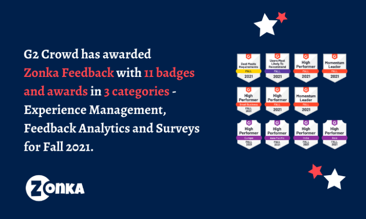 G2 Crowd Awards Zonka Feedback 11 Recognition Badges in Multiple Categories like Survey, Experience Management and Feedback Analytics for Fall 2021