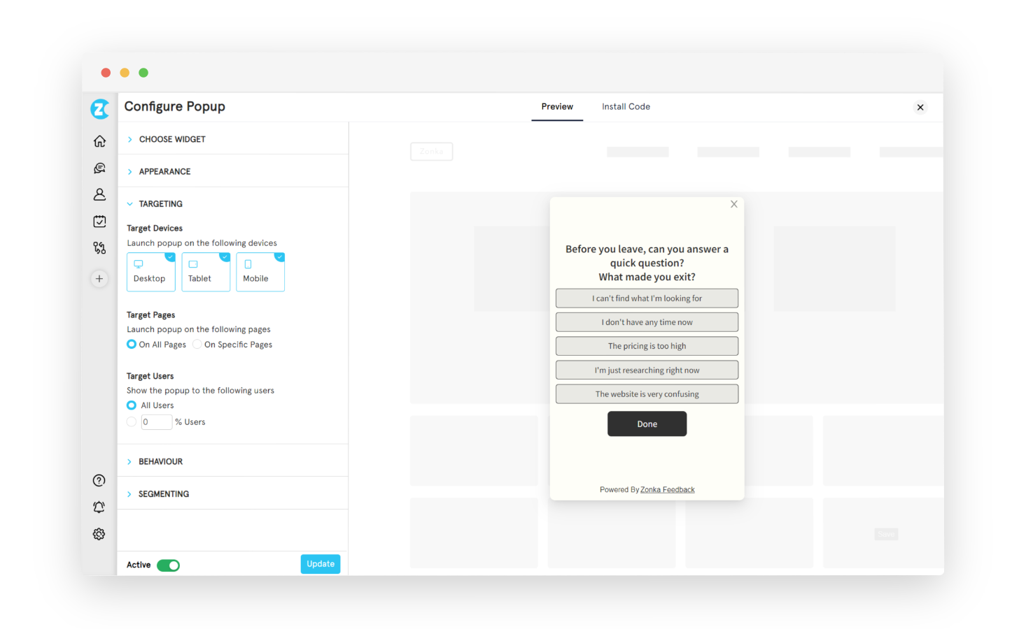 Website survey trigger and behavior settings in Zonka Feedback