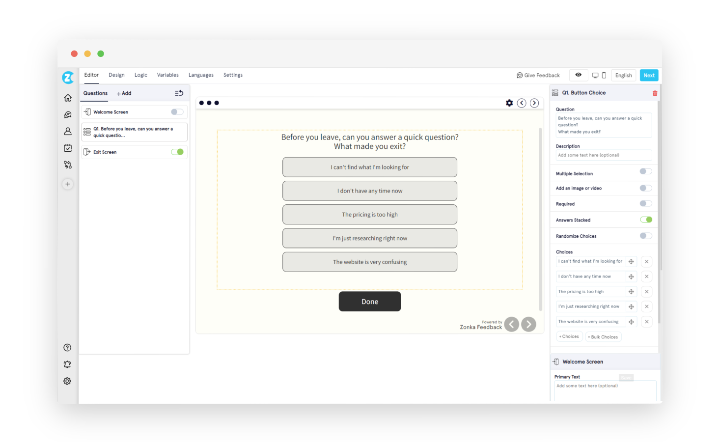 Zonka Feedback drag-and-drop survey builder interface