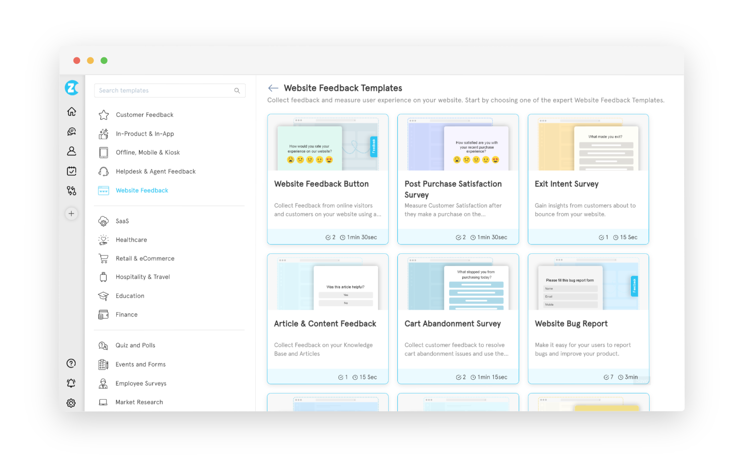 Selecting a website survey template in Zonka Feedback