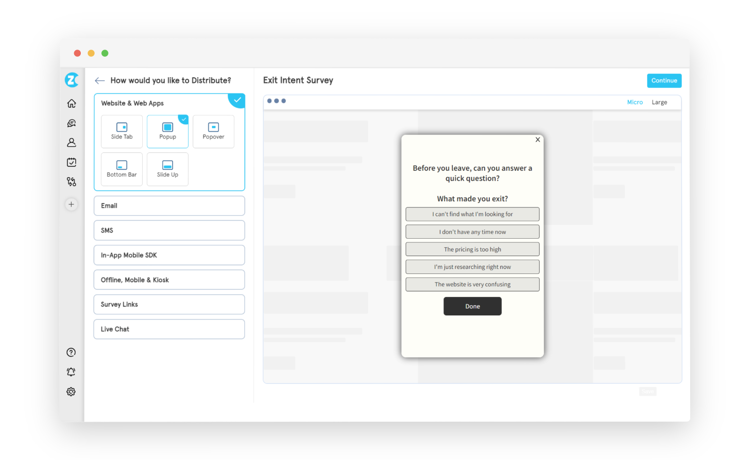 Selecting a website survey widget type in Zonka Feedback