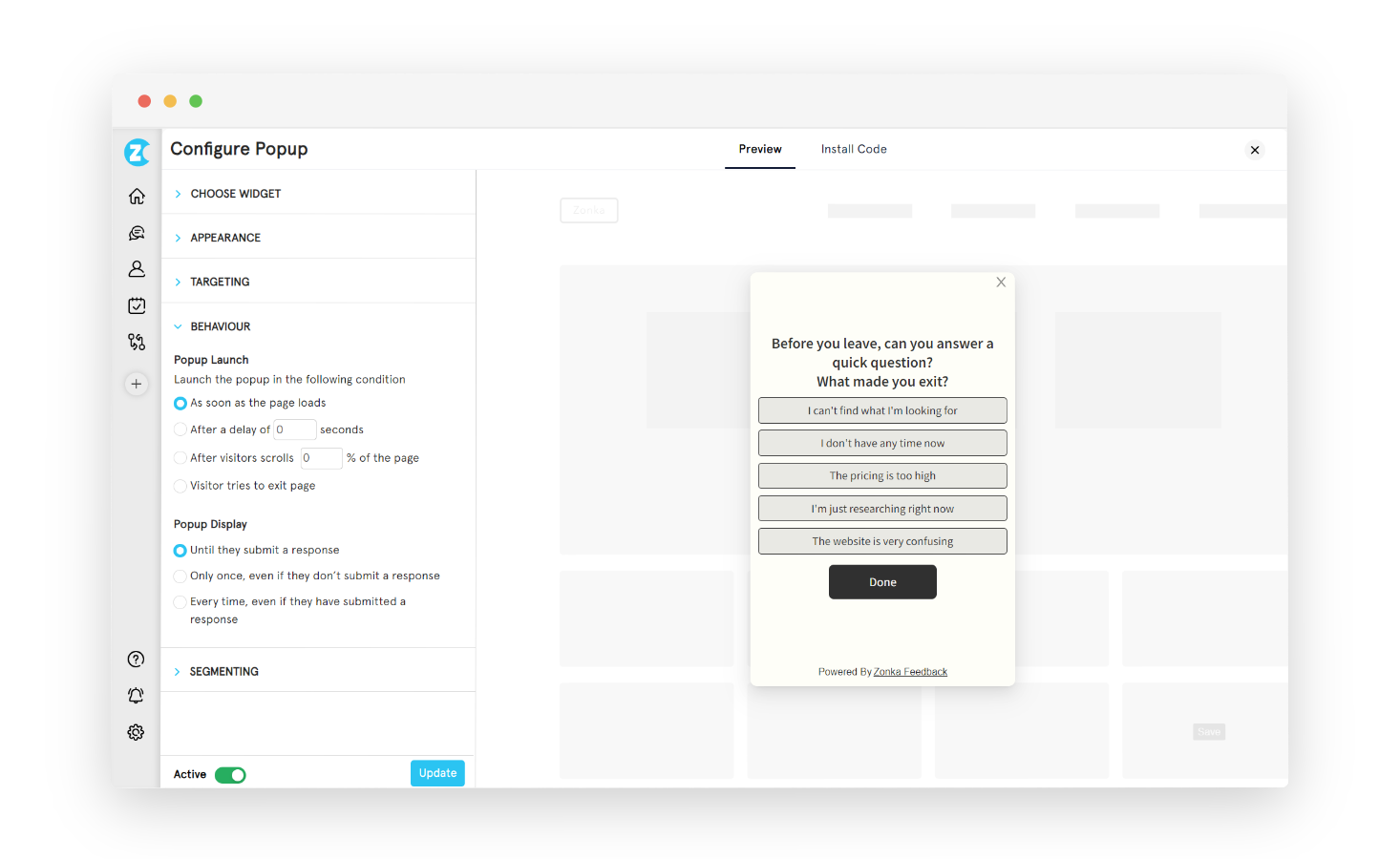 Website survey page and device targeting settings in Zonka Feedback