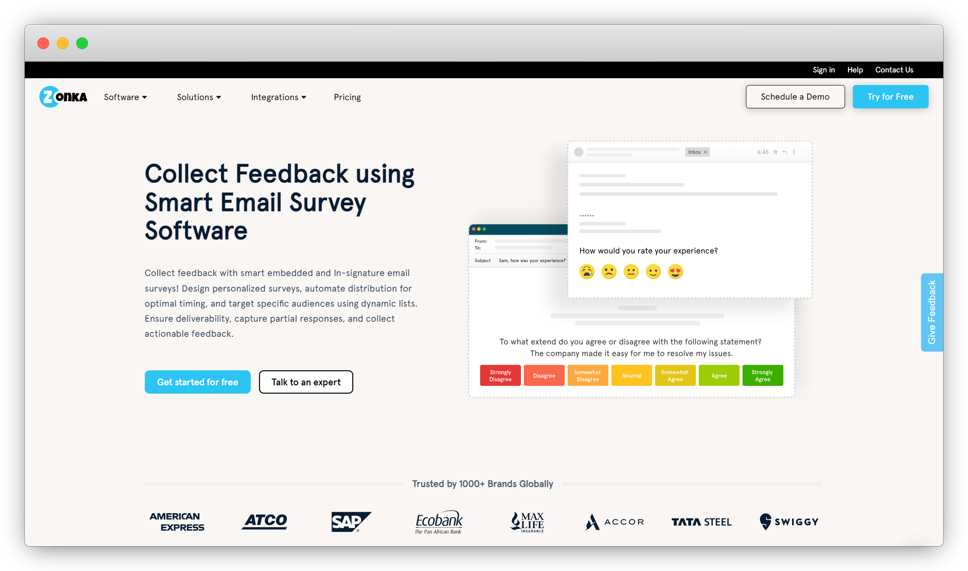 Zonka Feedback email survey tool dashboard showing AI feedback intelligence and email survey creation