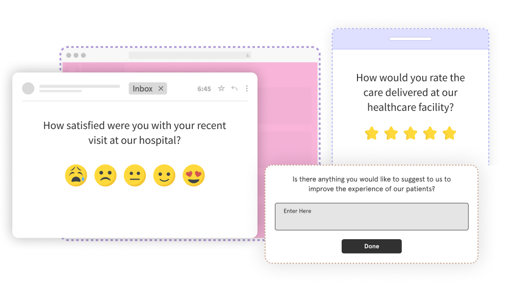 patient satisfaction surveys- survey channels with email, sms, and popup